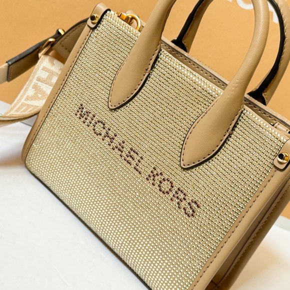 Michael Kors Mirella XS MINI Shopper Tote Shoulder Crossbody Bag Sequins Camel - Picture 13 of 13